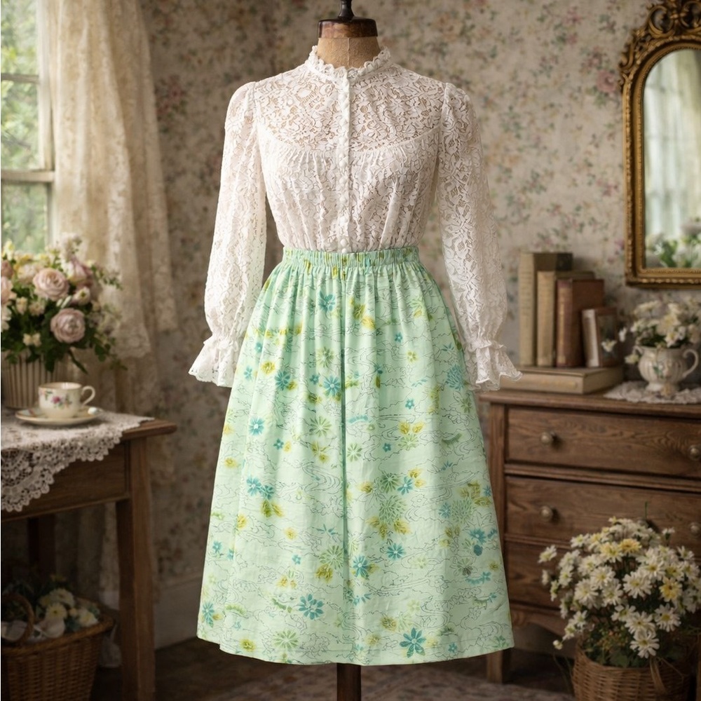 Vintage 1970’s green, home sewn, cottagecore, floral, spring, feminine, skirt